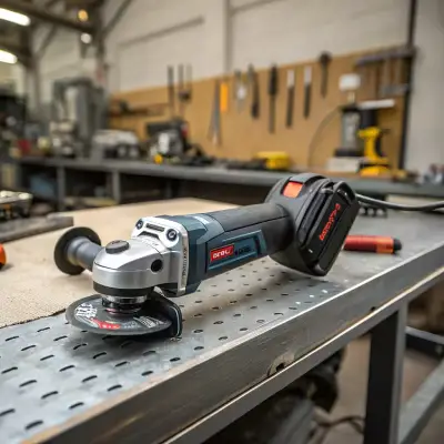 Cordless angle grinder with battery pack positioned on metal workbench in woodshop, ready for cutting and grinding projects.