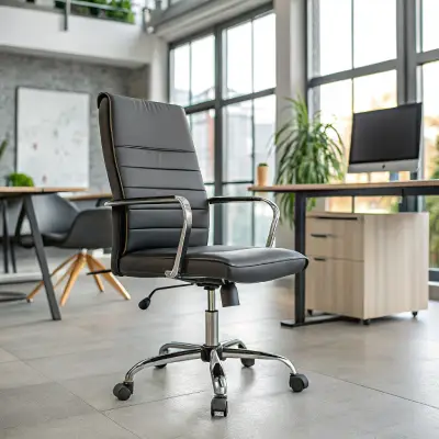 Sleek black leather office chair with chrome armrests and five-wheel base in modern workspace with natural light and minimalist desk setup