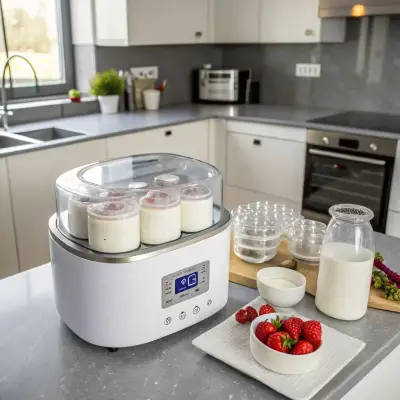 White digital yogurt maker with clear lid displaying glass jars of homemade yogurt on modern kitchen counter with fresh strawberries and milk bottle nearby.